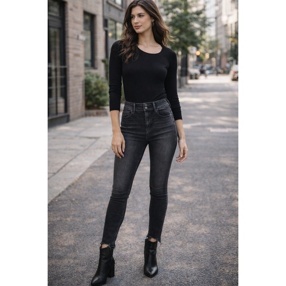 We The Free Denim - Free People Wild Child High Rise Skinny Jeans Frayed Hem Gray 29